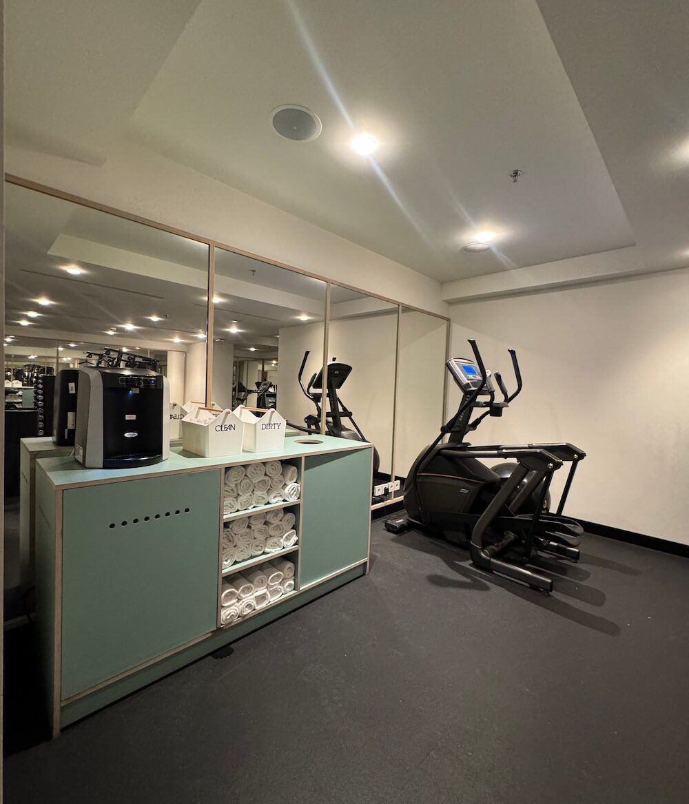 a photo of a gym with equipment that includes elliptical machines and a giant exercise ball.