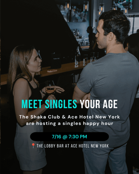 Singles night advertising poster of man and woman at a bar.